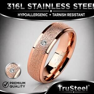 Women’s Sand Blast Center with Clear CZ Rose Gold Stainless Steel Ring Size 5